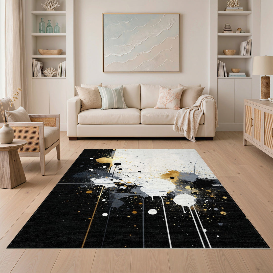 Black Gold Abstract Splatter Area Rug