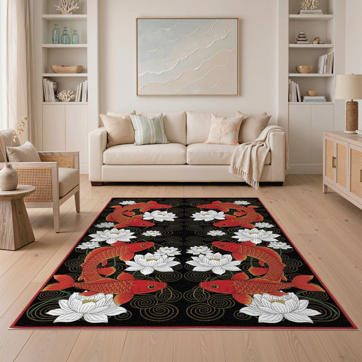 Red Koi Fish and Lotus Area Rug