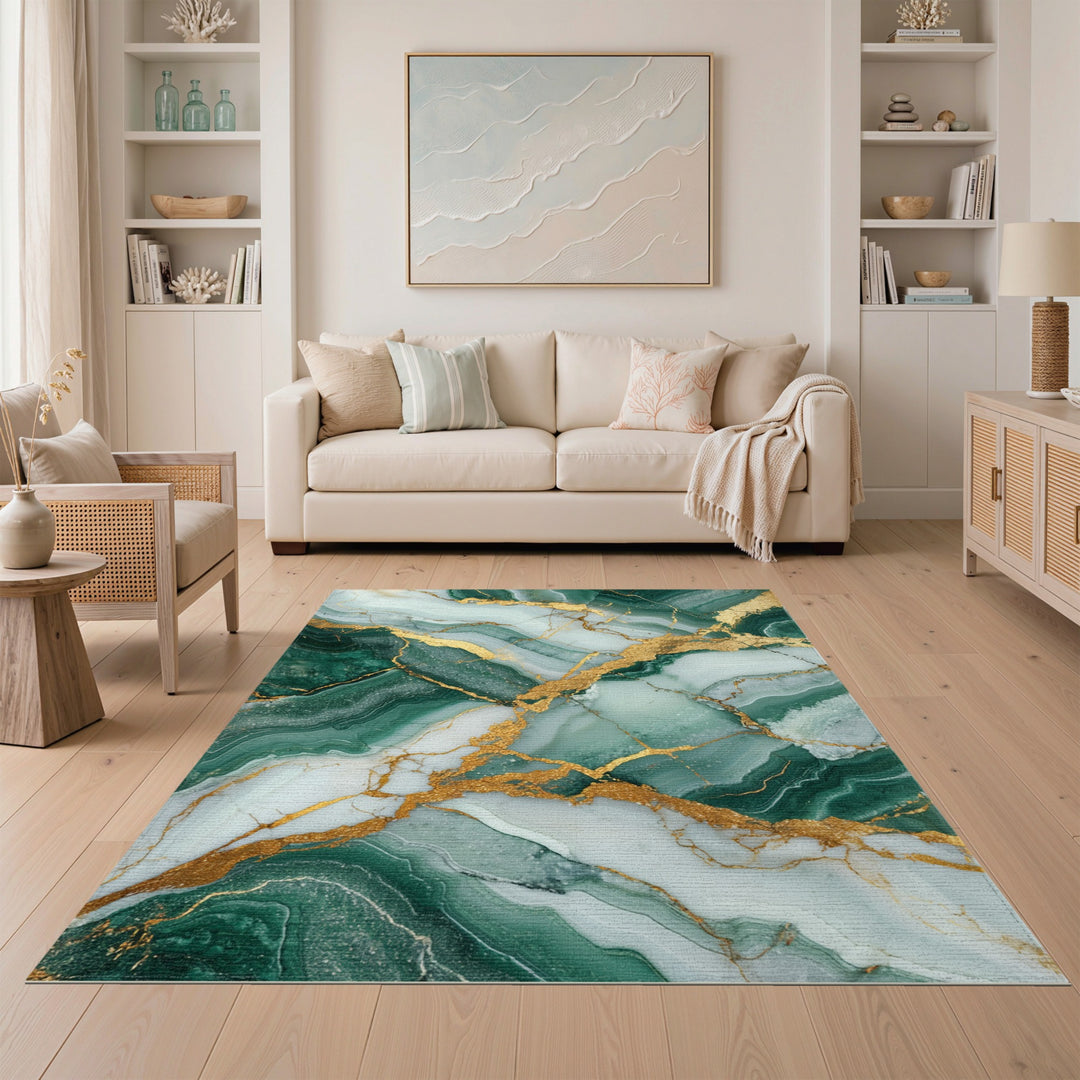 Green Abstract Area Green Marble Gold Vein Area Rug