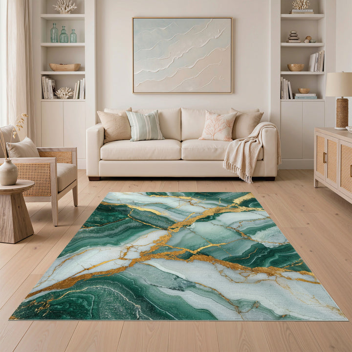 Green Abstract Area Green Marble Gold Vein Area Rug