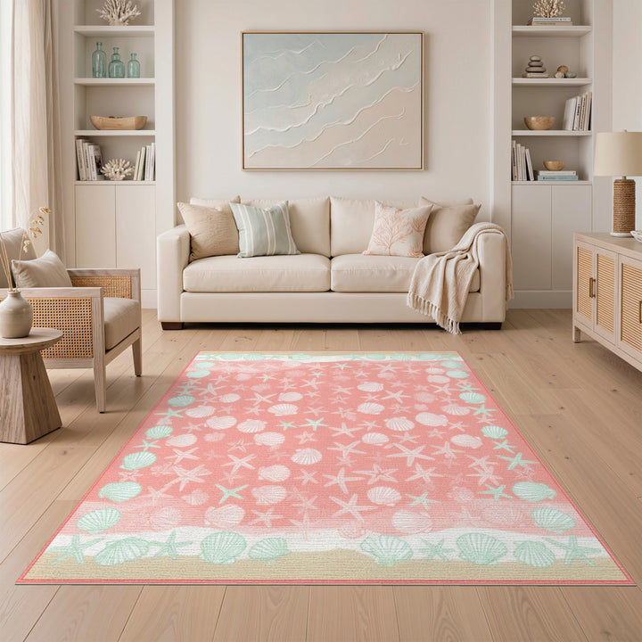 Coastal Beach Pink Coastal Seashell Starfish Area Rug