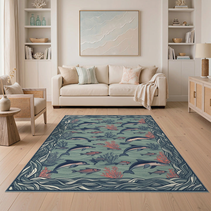 Blue Teal Dolphin Coastal Area Rug