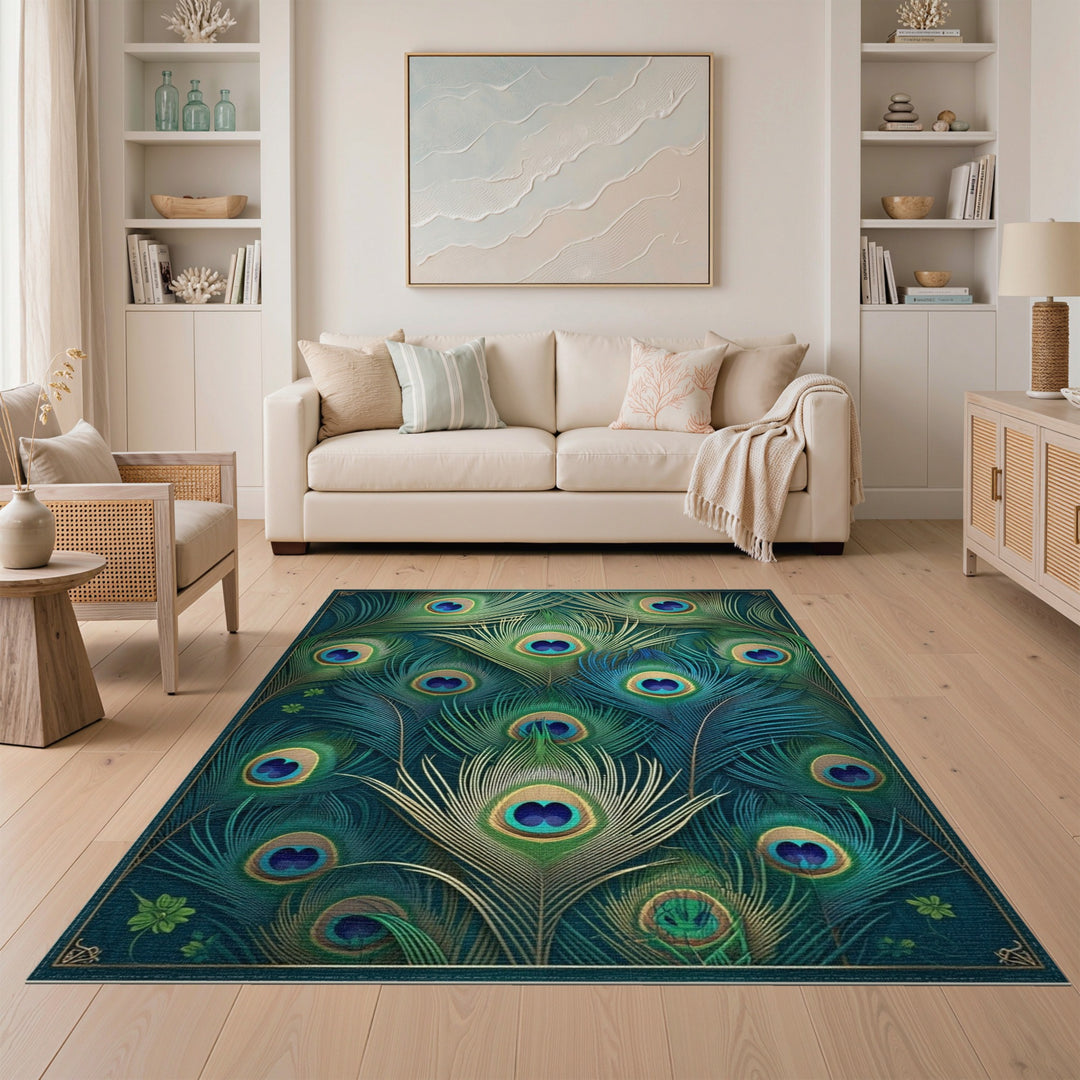 Boho Chic Peacock Feather Blue Teal Washable Area Rug