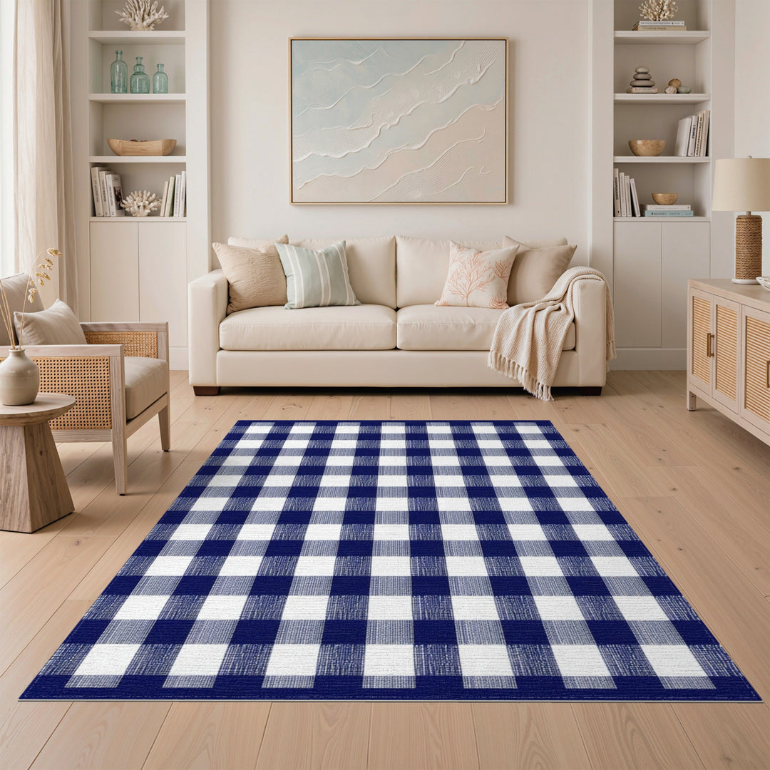 Navy Blue Checkered Geometric Modern Area Rug