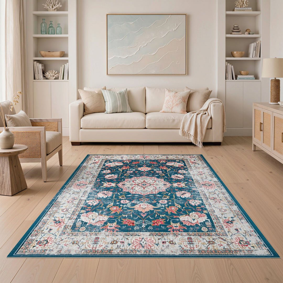 Navy Blue Floral Vintage Area Rug