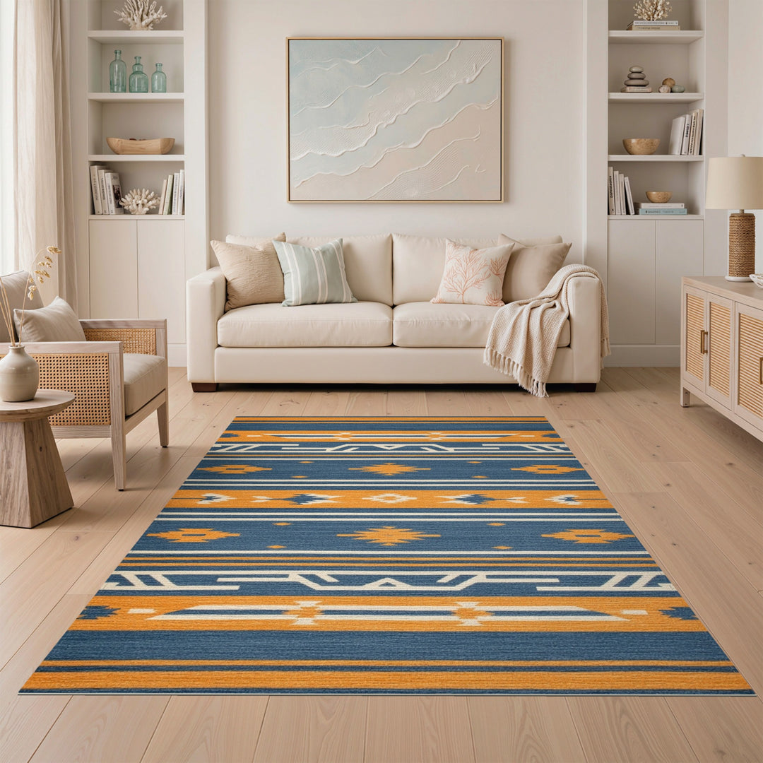 Southwestern Blue Orange Geometric Area Rug