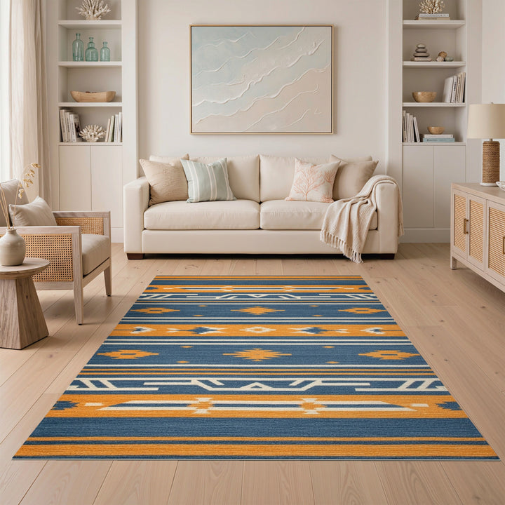 Southwestern Blue Orange Geometric Area Rug