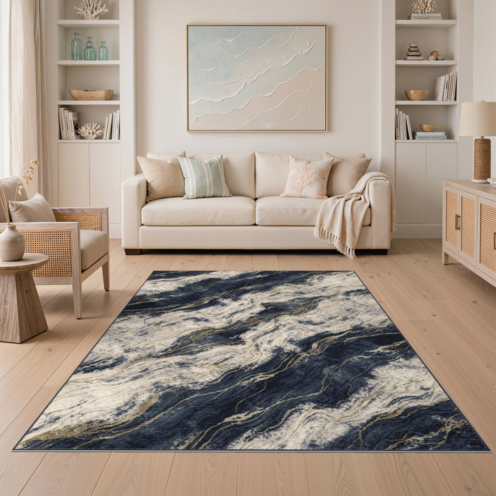 Navy Gold Marble Abstract Area Rug