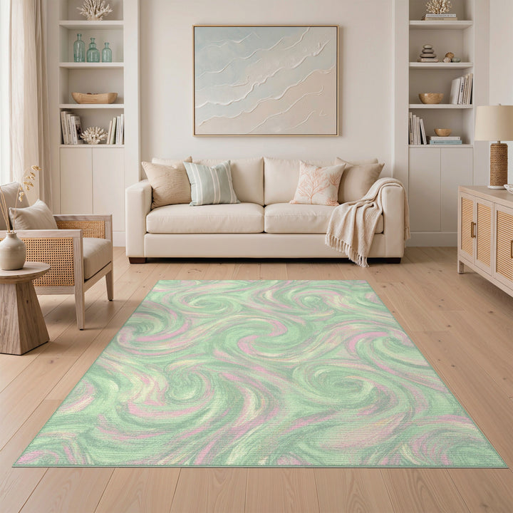 Mint Green Pink Swirl Abstract Area Rug