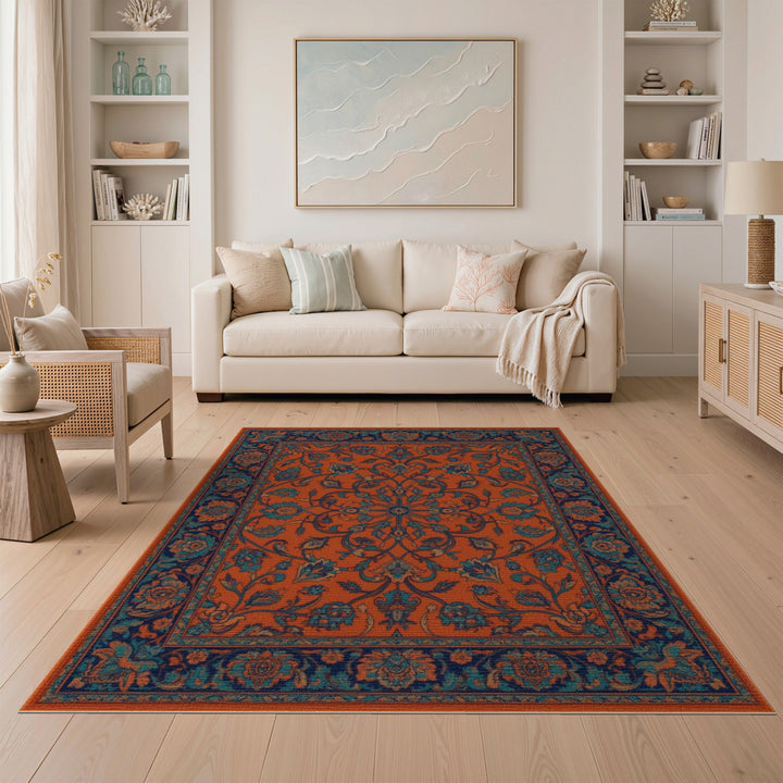 Orange Teal Persian Floral Area Rug