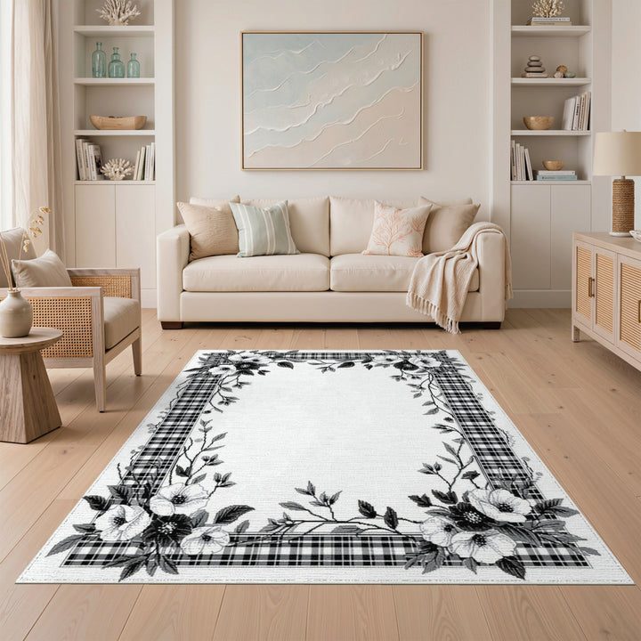 Black White Floral Vintage Plaid Area Rug