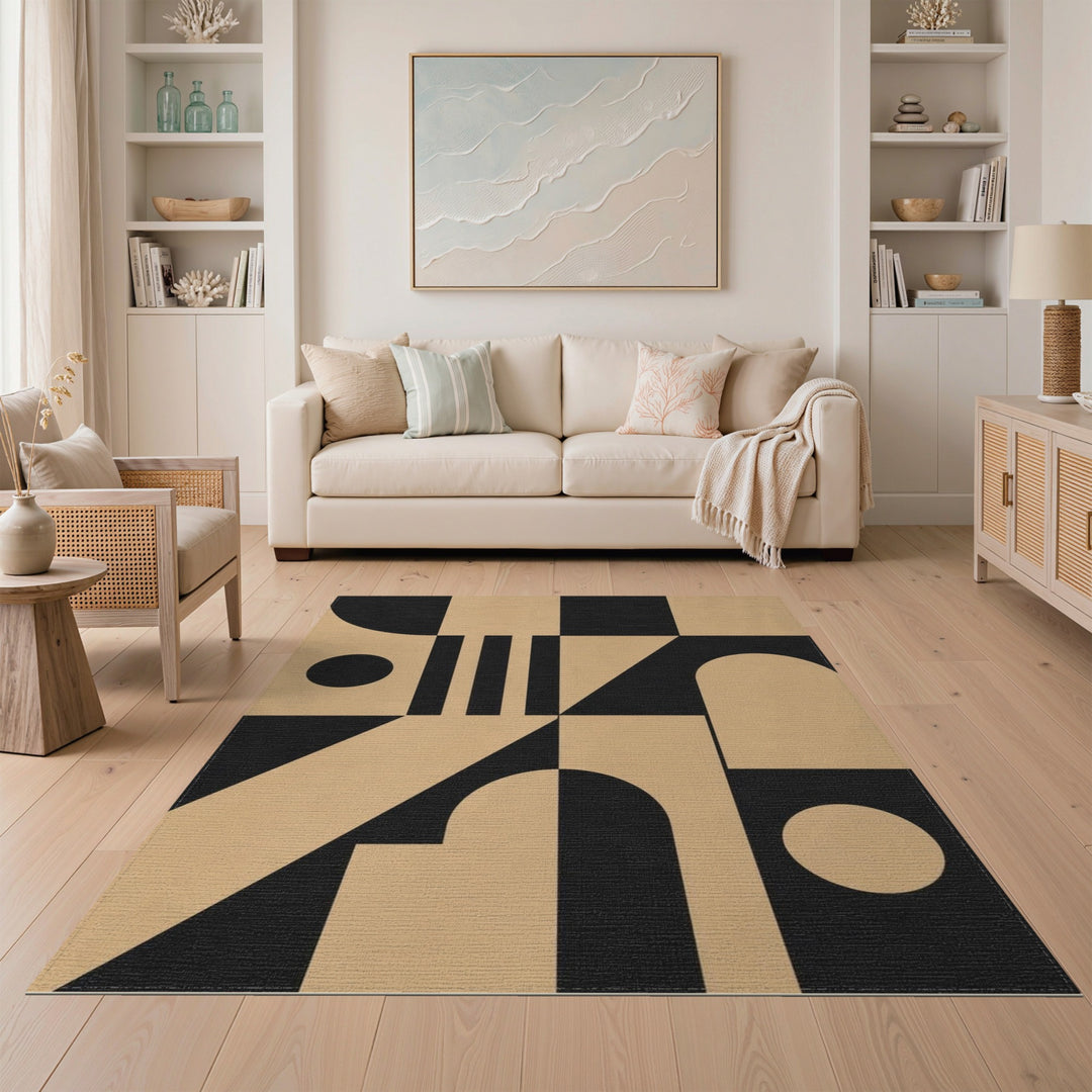 Geometric Black Beige Modern Area Rug