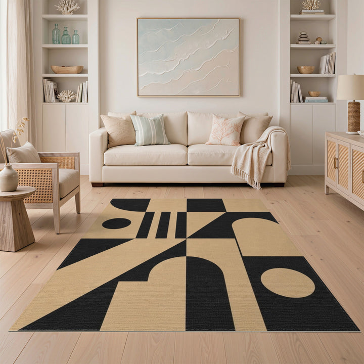 Geometric Black Beige Modern Area Rug