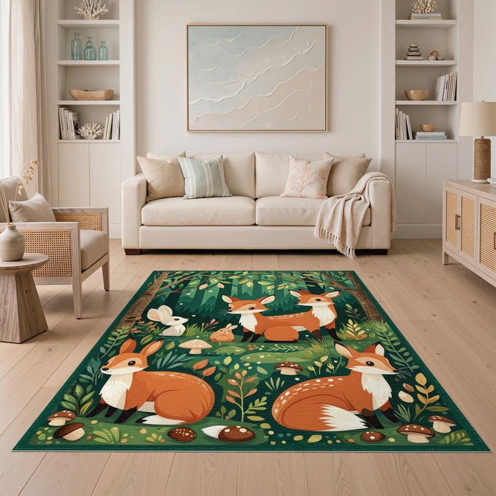 Kids Cartoon Forest Foxes Area Rug