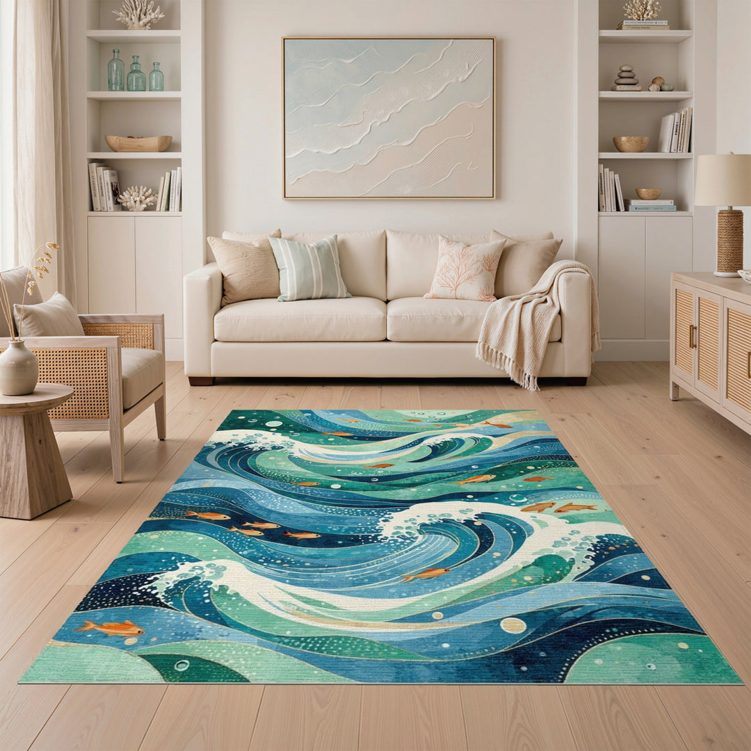 Blue Teal Ocean Wave Fish Area Rug
