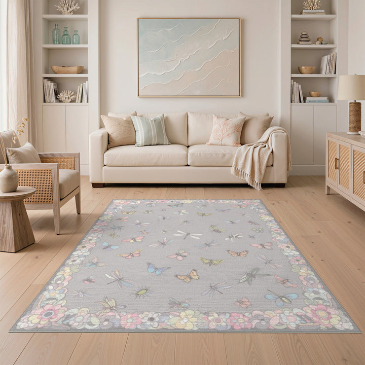 Grey Pastel Butterfly Floral Vintage Rug
