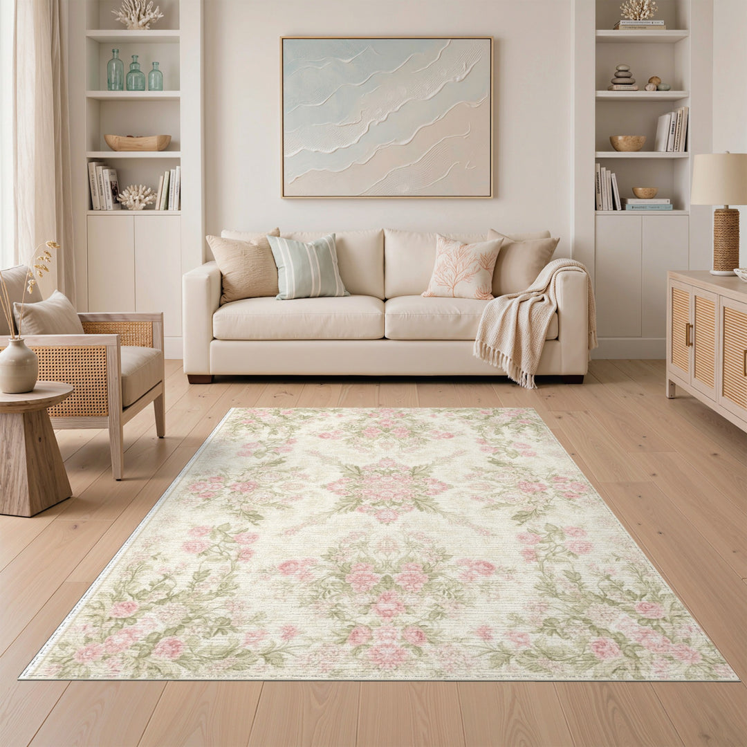 Vintage Pink Rose Floral Area Rug