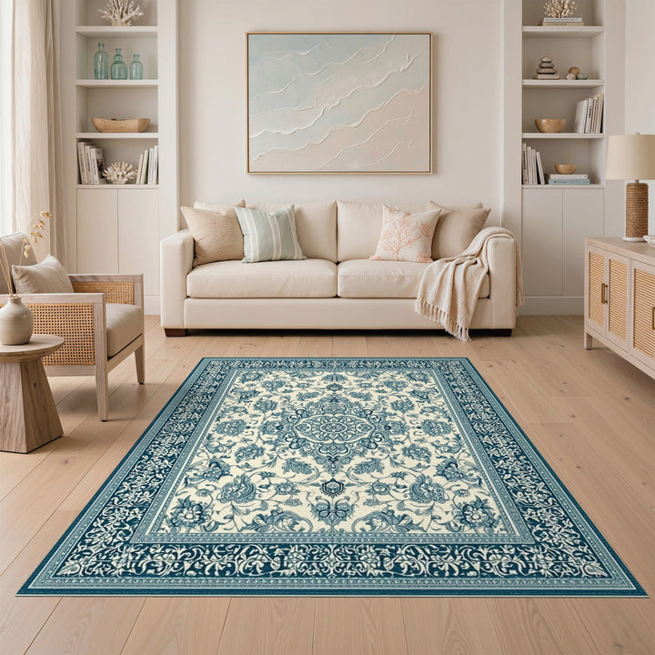Blue Teal Floral Vintage Area Rug