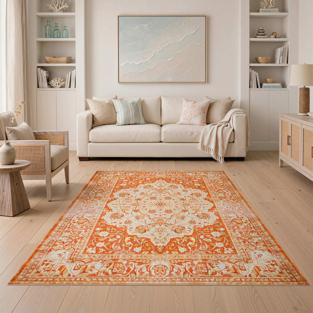 Orange Floral Persian Traditional Persian Area Rug