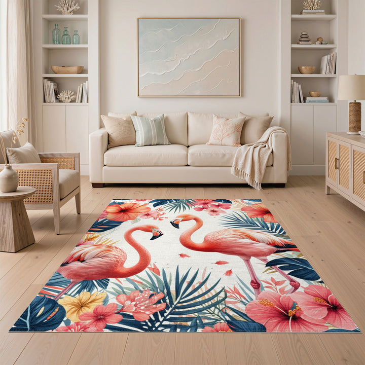 Multi-color and Patterns Pink Flamingo Hibiscus Washable Area Rug