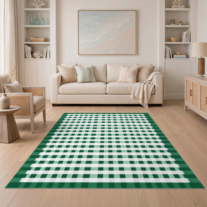 Geometric Modern Gingham Green Gingham Checkered Area Rug