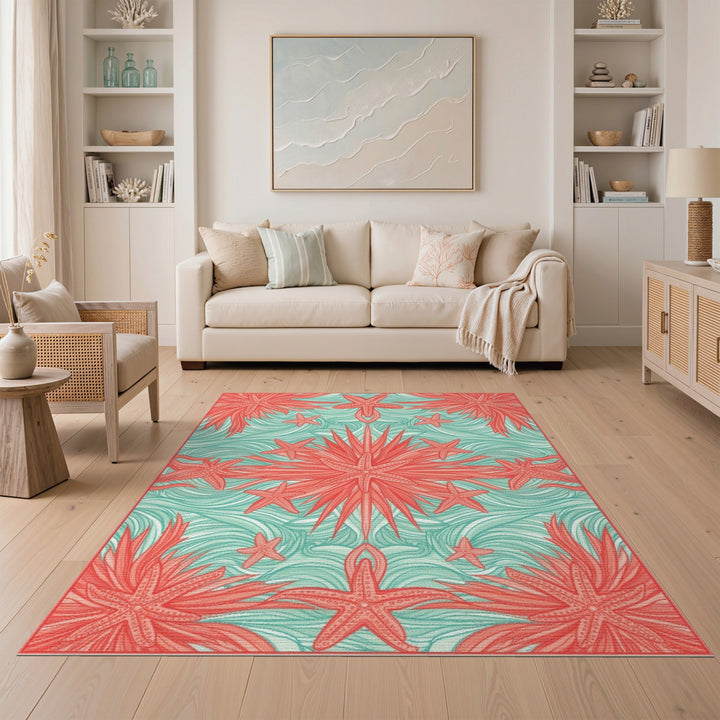 Coral Starfish Teal Wave Area Rug