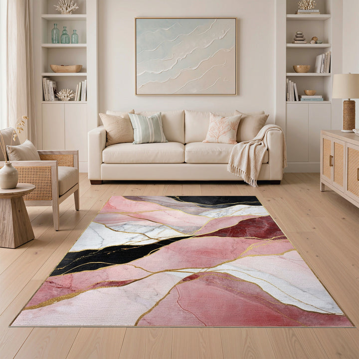 Pink Marble Pink Marble Gold Vein Abstract Area Rug