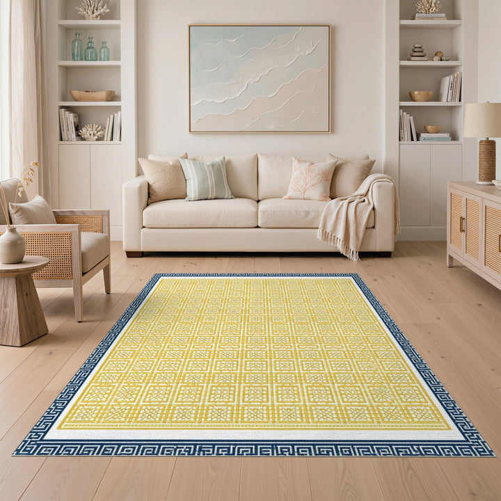 Yellow Geometric Area Rug with Blue Border