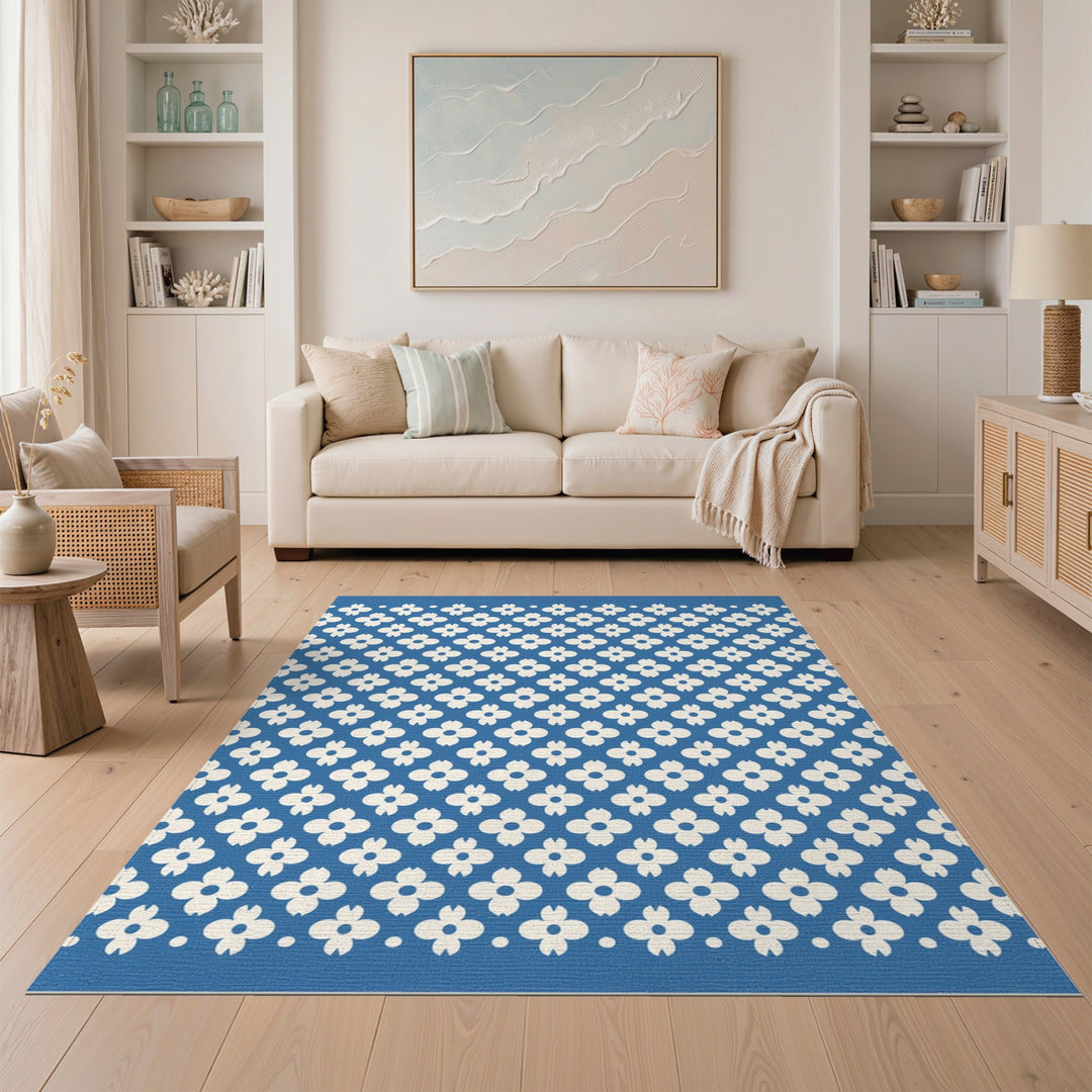 Blue and Teal Blue Floral Washable Area Rug
