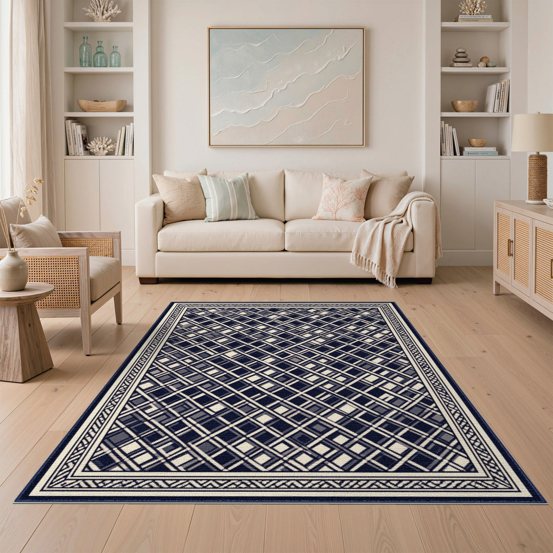 Navy Geometric Plaid Washable Area Rug