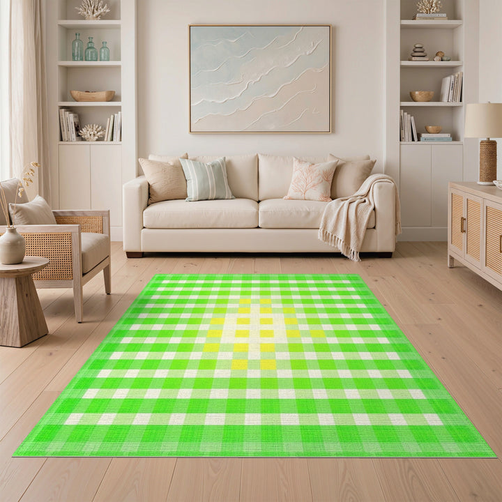 Green Checkered Geometric Green Area Rug