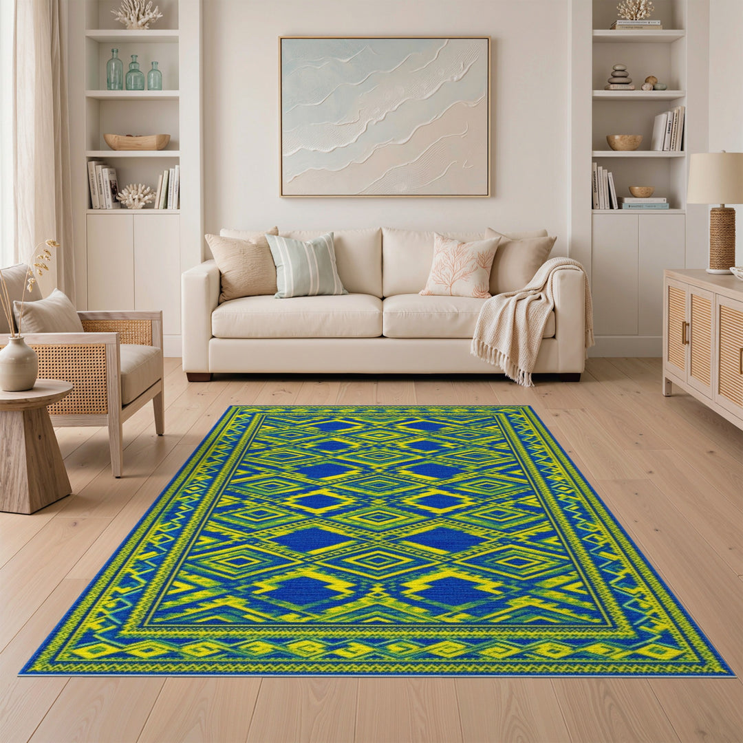 Bold Blue Yellow Geometric Modern Area Rug
