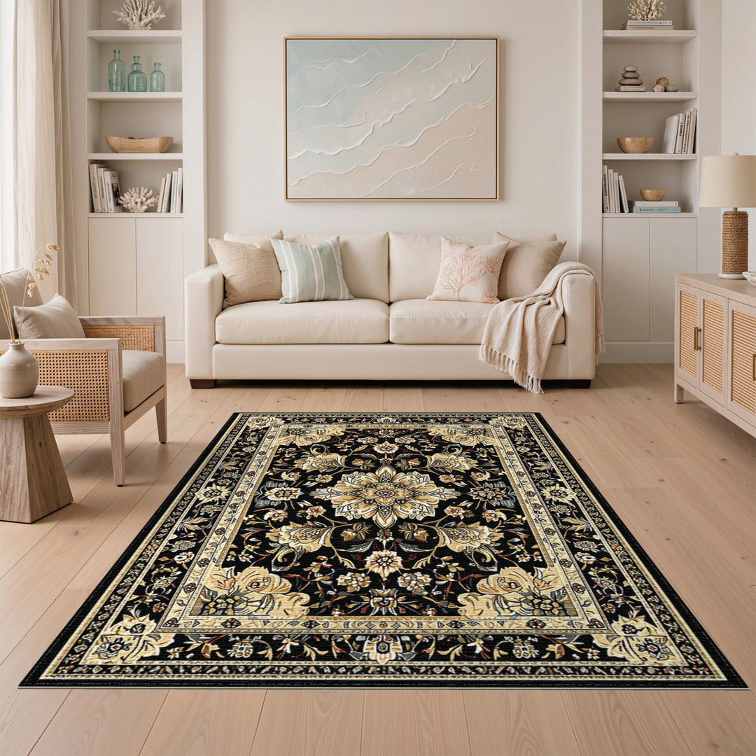 Black Gold Persian Floral Medallion Area Rug
