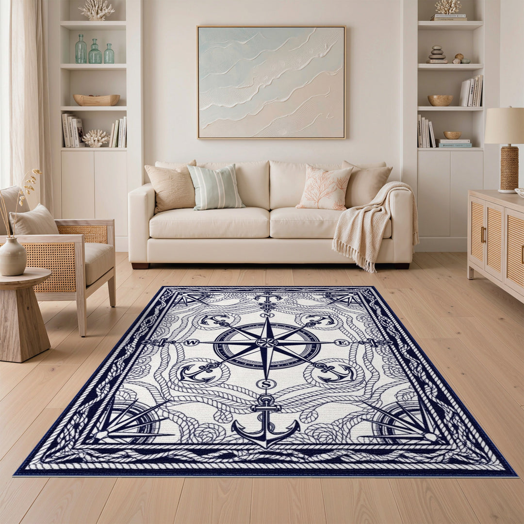 Coastal Beach Nautical Compass Anchor Area Rug