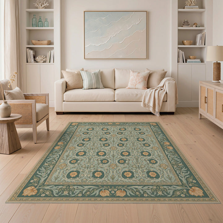 Blue Teal Floral Vintage Area Rug