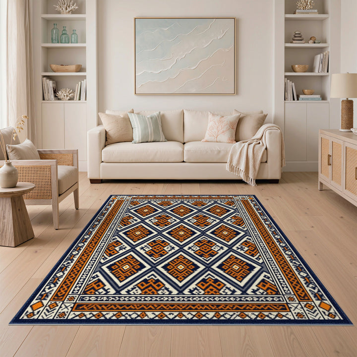 Heritage Tribal Navy and Orange Area Rug