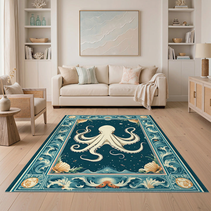 Blue Teal Octopus Coastal Area Rug