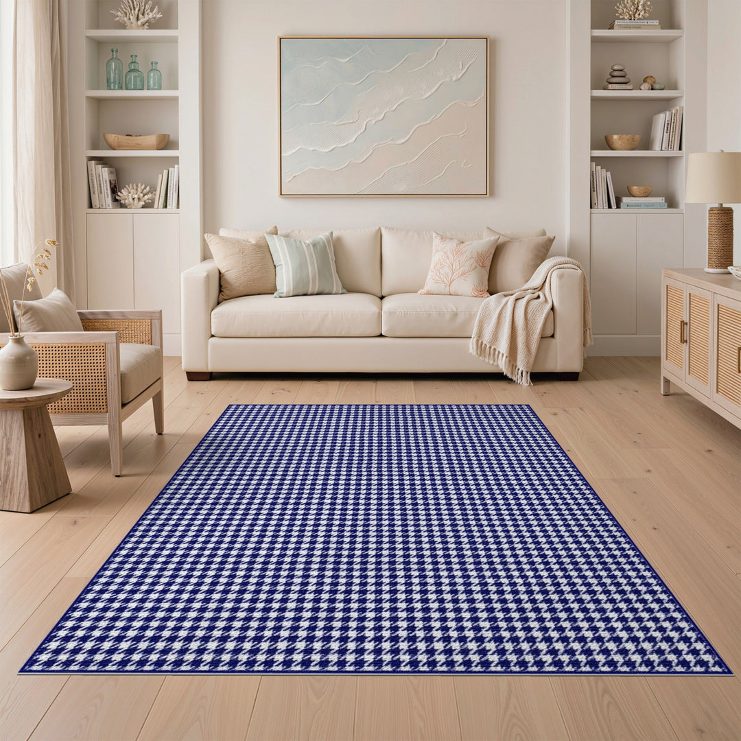 Blue and Teal Navy Blue Checkered Geometric Area Rug
