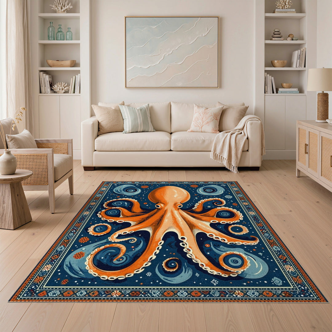 Orange Octopus Coastal Area Rug