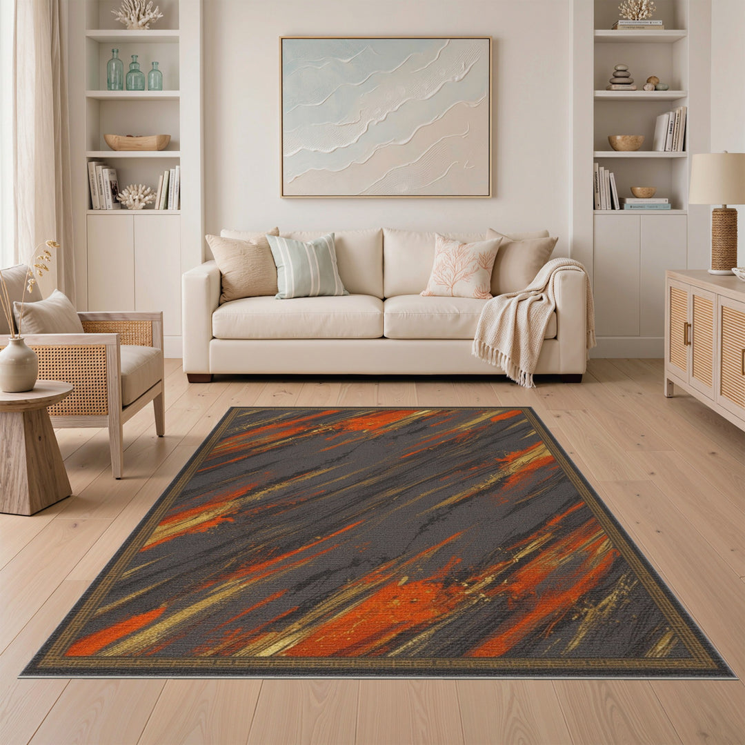 Grey Orange Abstract Area Rug