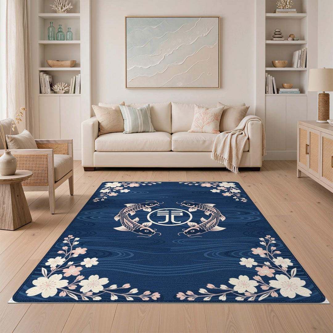 Blue Koi Fish Sakura Washable Area Rug