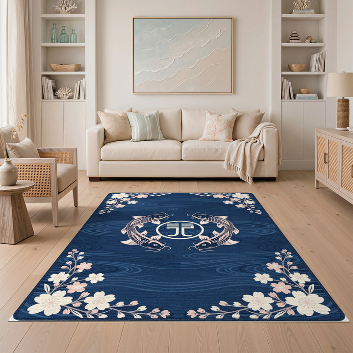 Blue Koi Fish Sakura Washable Area Rug
