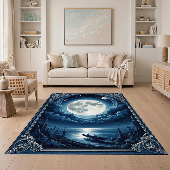 Blue Moonlit Coastal Ruins Area Rug
