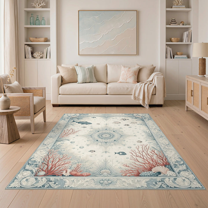 Blue and Teal Blue Teal Fish Coral Coastal Area Rug