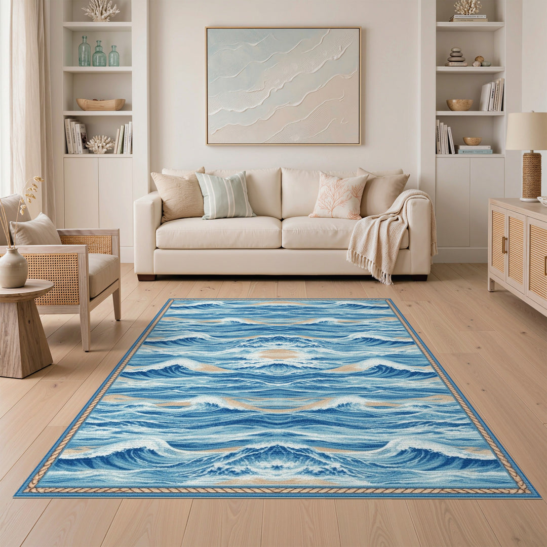Symmetrical Blue Ocean Waves Area Rug