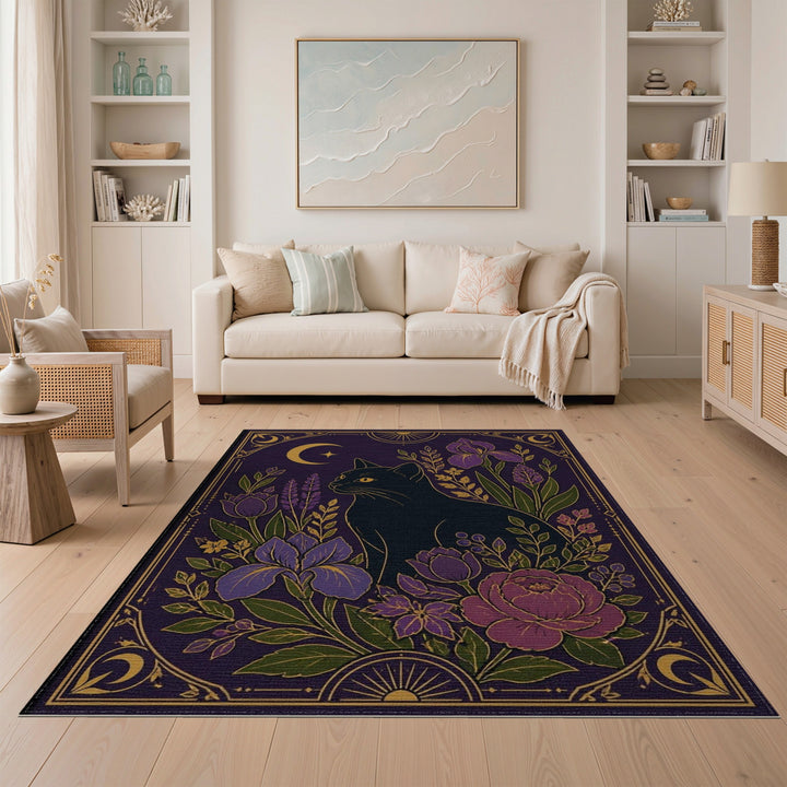 Mystic Black Cat Purple Floral Vintage Area Rug