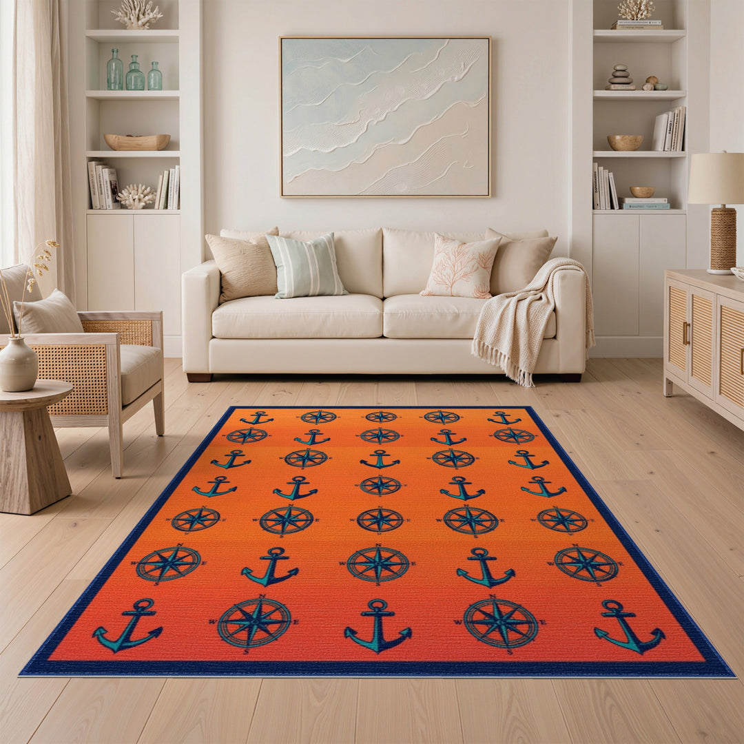 Orange Anchor Compass Coastal Area Rug