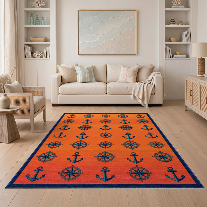 Orange Anchor Compass Coastal Area Rug