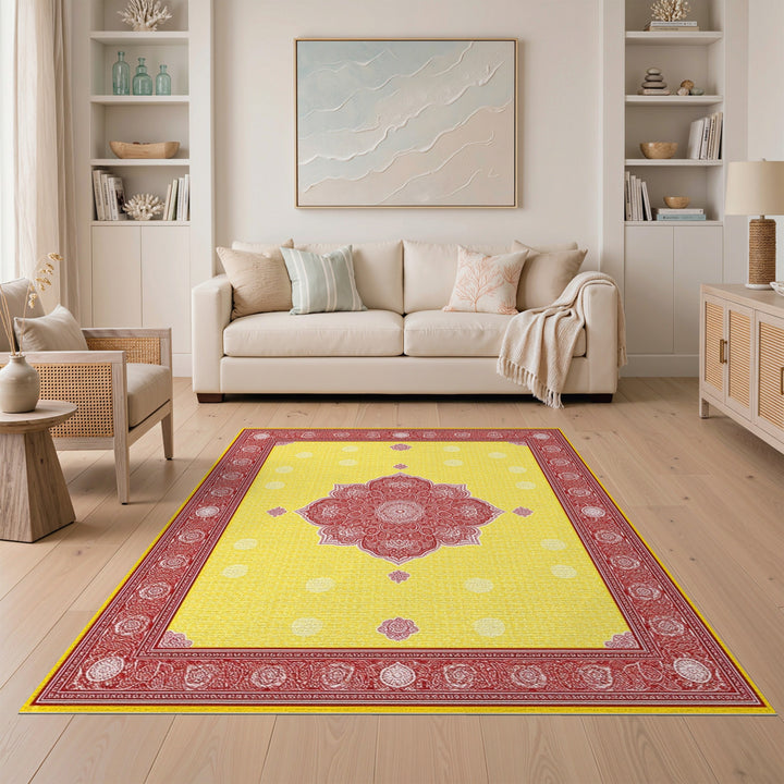 Yellow Red Mandala Floral Area Rug