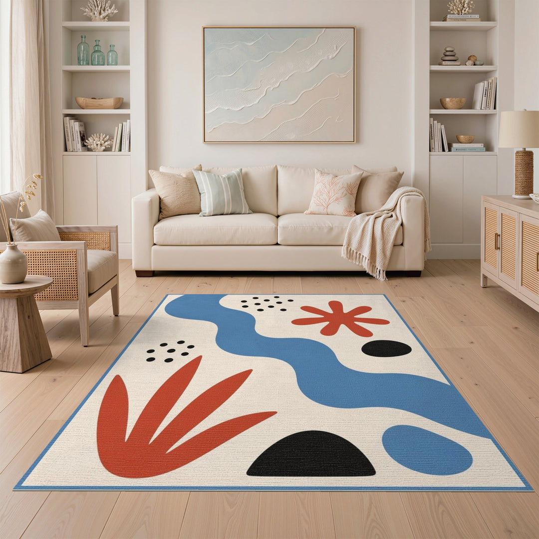 Blue Abstract Area Rug with Red Accents